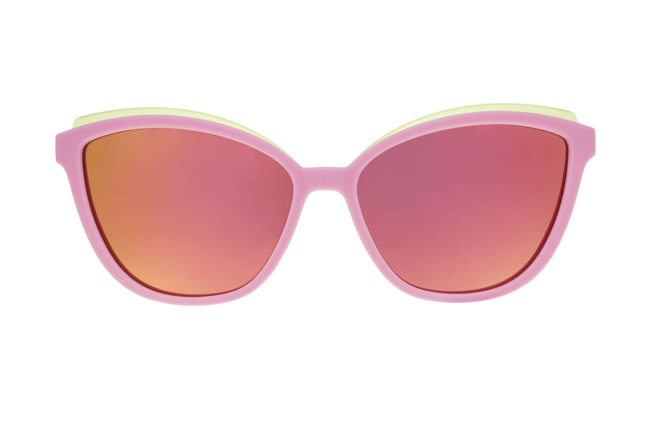 Pink sunglasses with red-tinted lenses on a white background