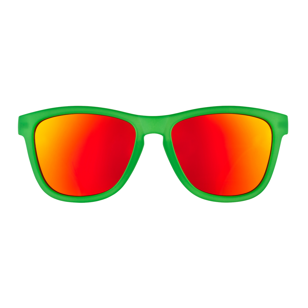 Front view of sunglasses. Green front frame with burnt orange reflective lenses on a white background.