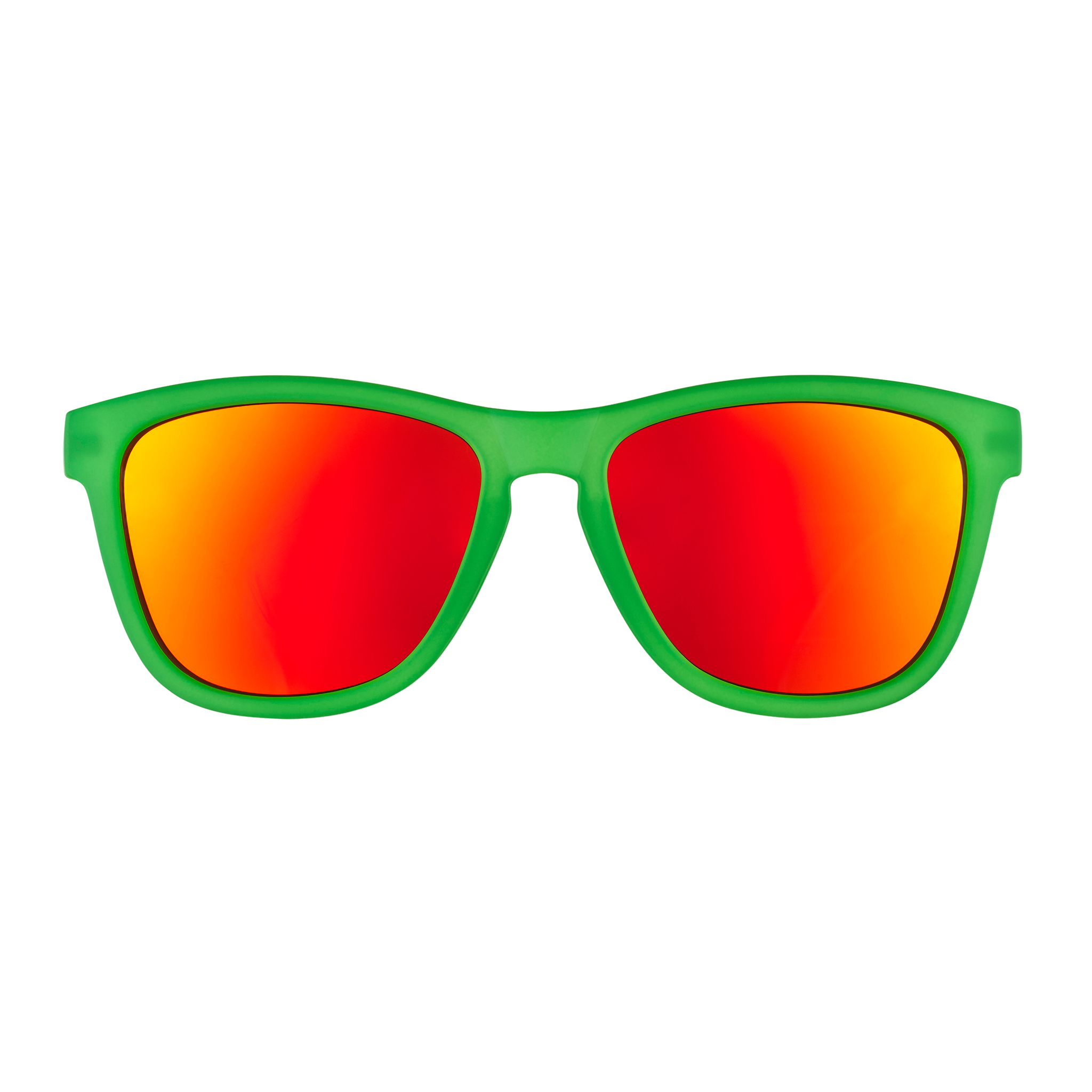 Front view of sunglasses. Green front frame with burnt orange reflective lenses on a white background.