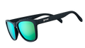 Three-quarter angle view of square-shaped black sunglasses with mirrored green lenses.