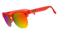 Three-quarter angle view of red-orange half-rim sunglasses with reflective red-orange lenses.