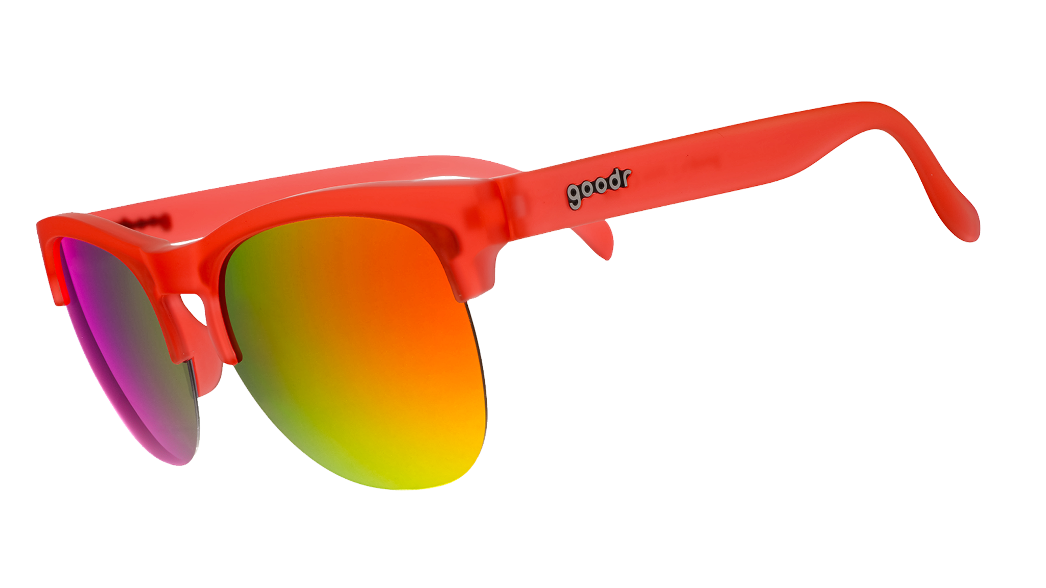Three-quarter angle view of red-orange half-rim sunglasses with reflective red-orange lenses.