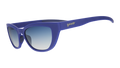 Three-quarter angle view of navy blue cat eye shades with blue gradient lenses tilted down on a white background.