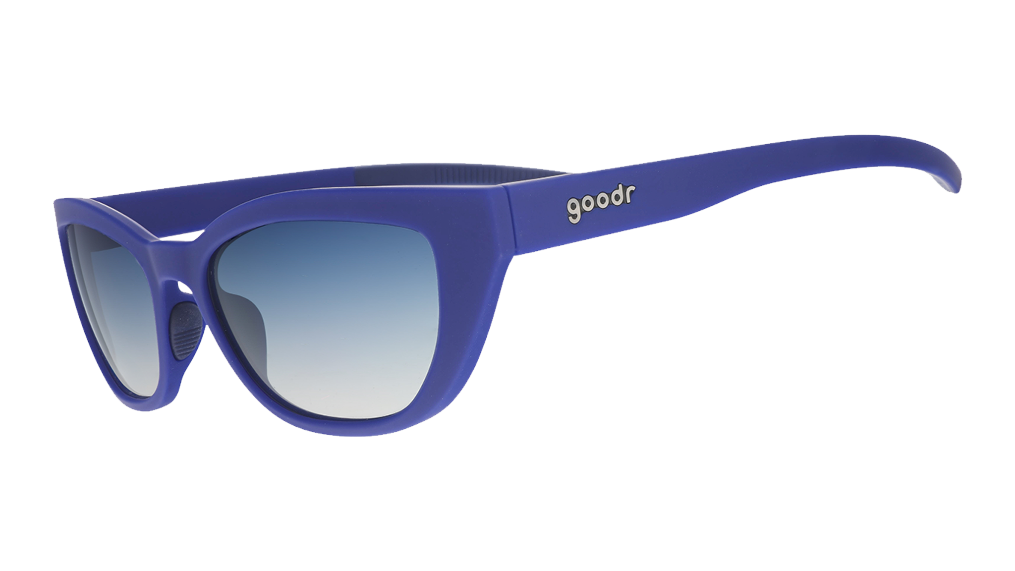 Three-quarter angle view of navy blue cat eye shades with blue gradient lenses tilted down on a white background.