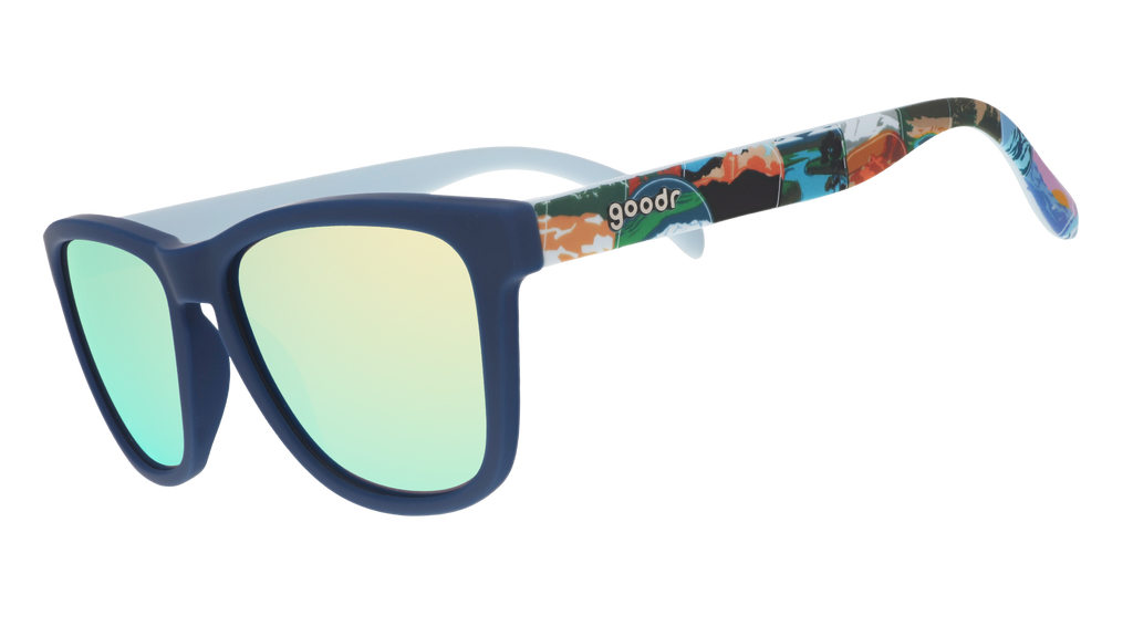 Navy sunglasses with blue reflective lenses and colorful National Park Foundation artwork on the temples.