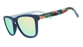 Navy sunglasses with blue reflective lenses and colorful National Park Foundation artwork on the temples.