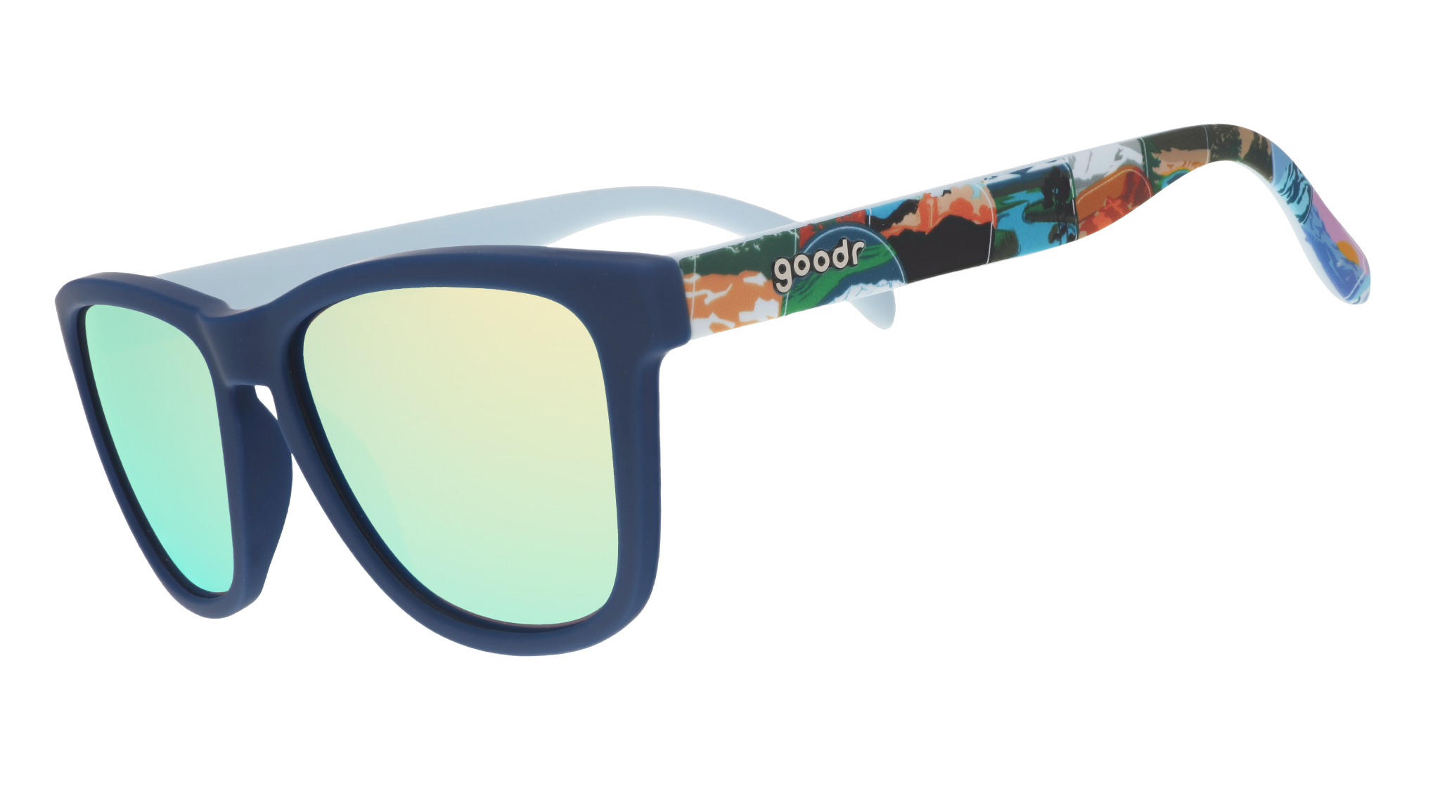 Navy sunglasses with blue reflective lenses and colorful National Park Foundation artwork on the temples.