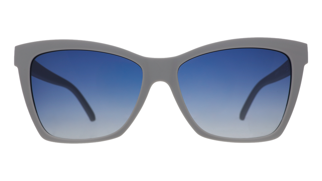 Front view of gray sunglasses with blue gradient lenses.