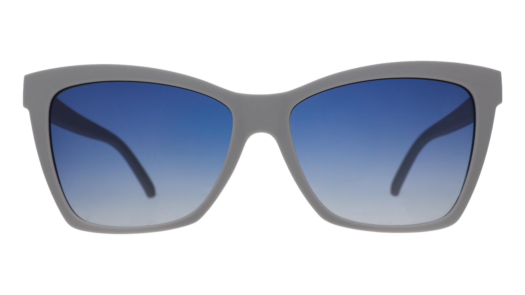 Front view of gray sunglasses with blue gradient lenses.
