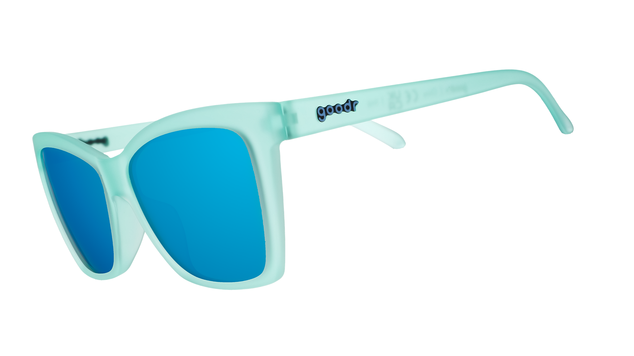Three-quarter angle view of translucent teal angular sunglasses with reflective teal lenses.