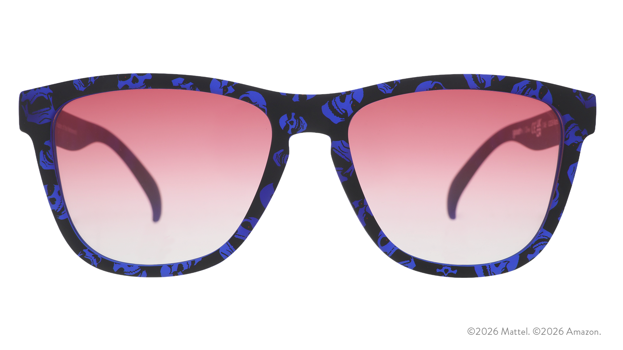 Front view of blue and black sunglasses featuring a Skeletor pattern and rose gradient lenses.