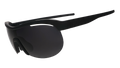 Three-quarter angle view of black wrap shield sunglasses with black polarized lenses against a white background.