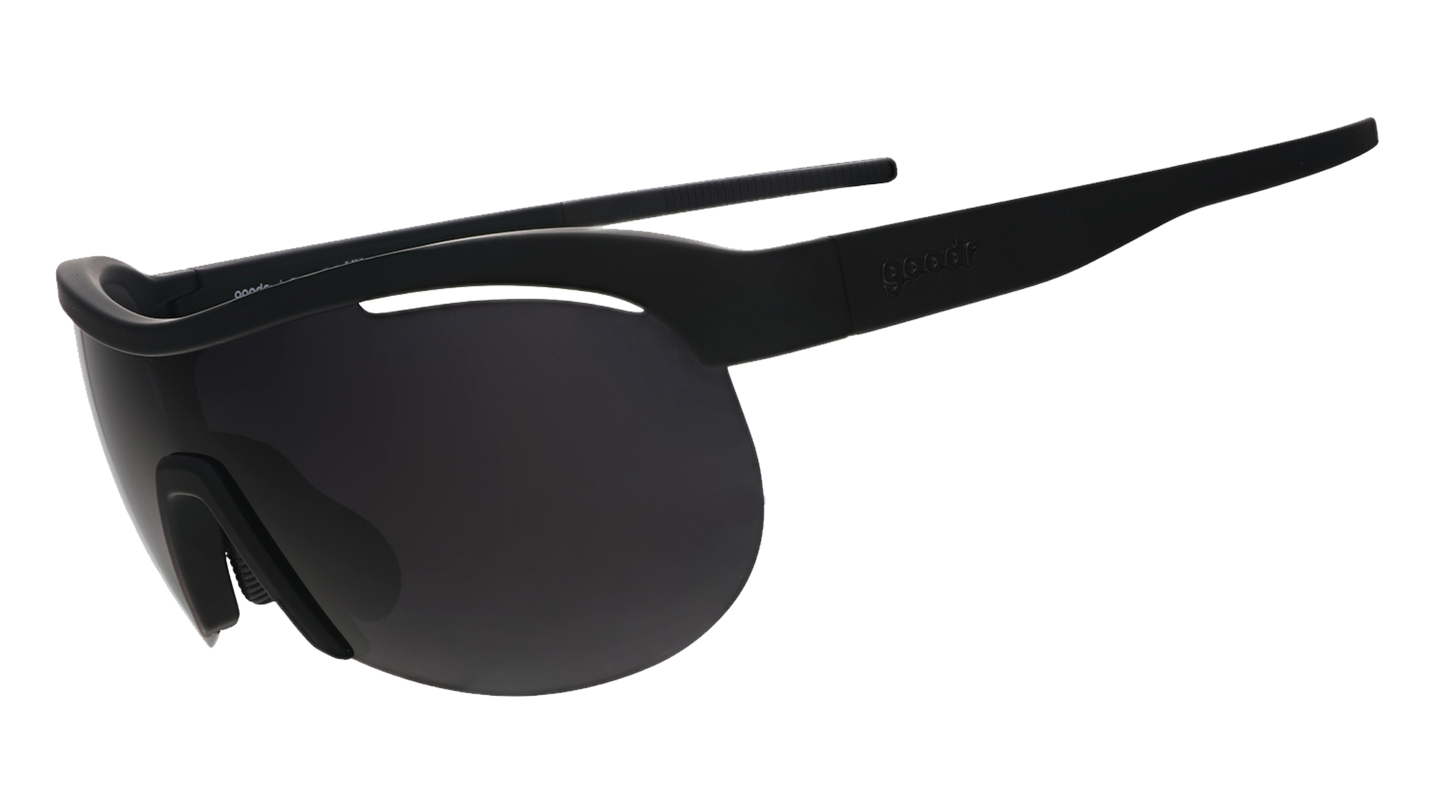 Three-quarter angle view of black wrap shield sunglasses with black polarized lenses against a white background.