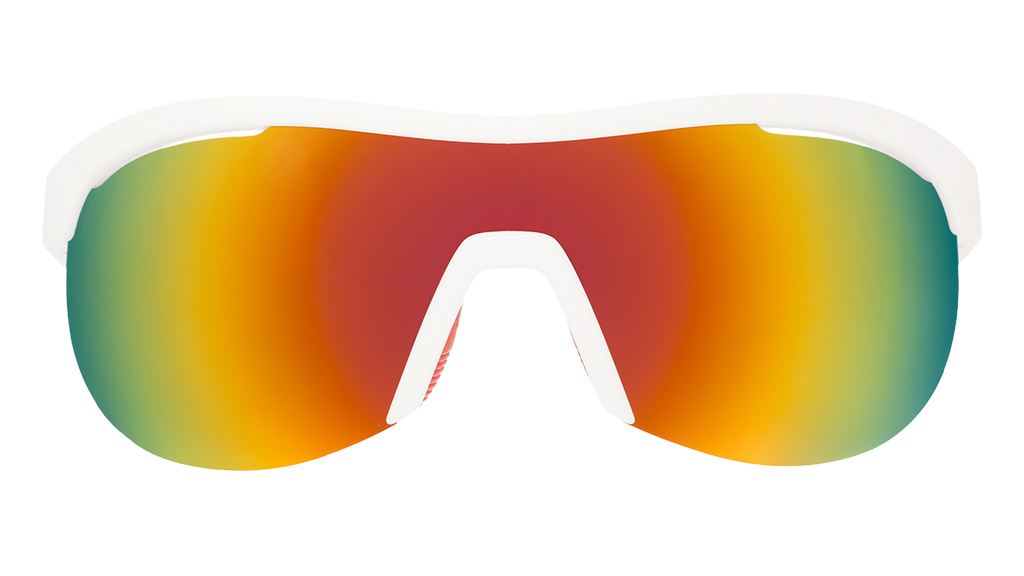 Front view of white wrap shield sunglasses with red accents and fire-red reflective lenses on a white background.
