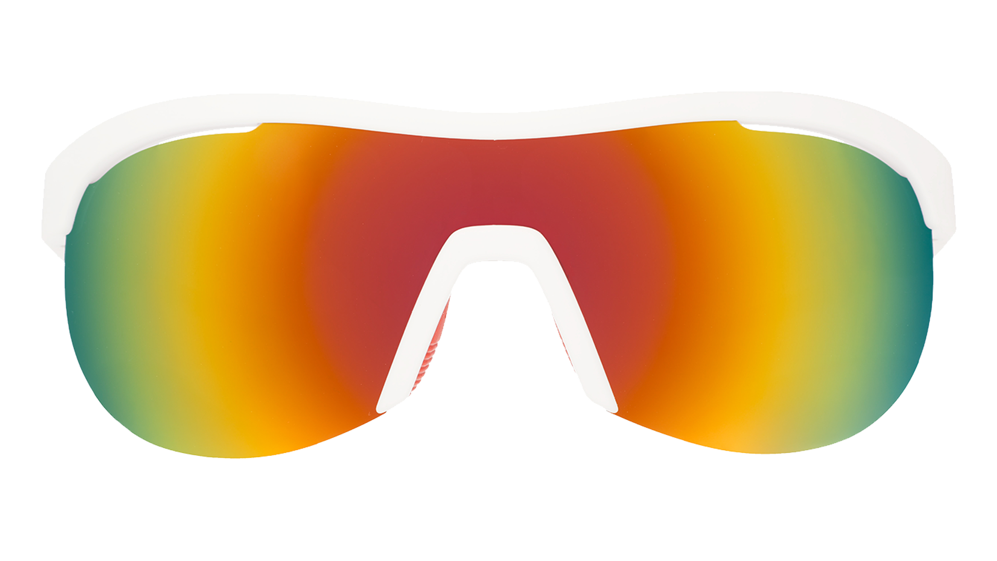 Front view of white wrap shield sunglasses with red accents and fire-red reflective lenses on a white background.