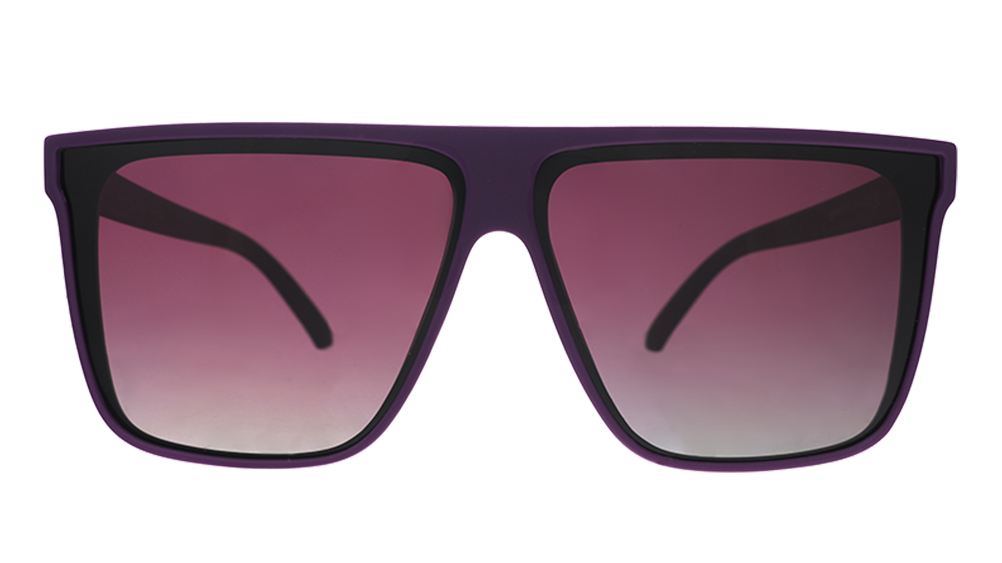 Front-facing view of a pair of oversized, dark purple flat-top sunglasses with deep purple gradient lenses.