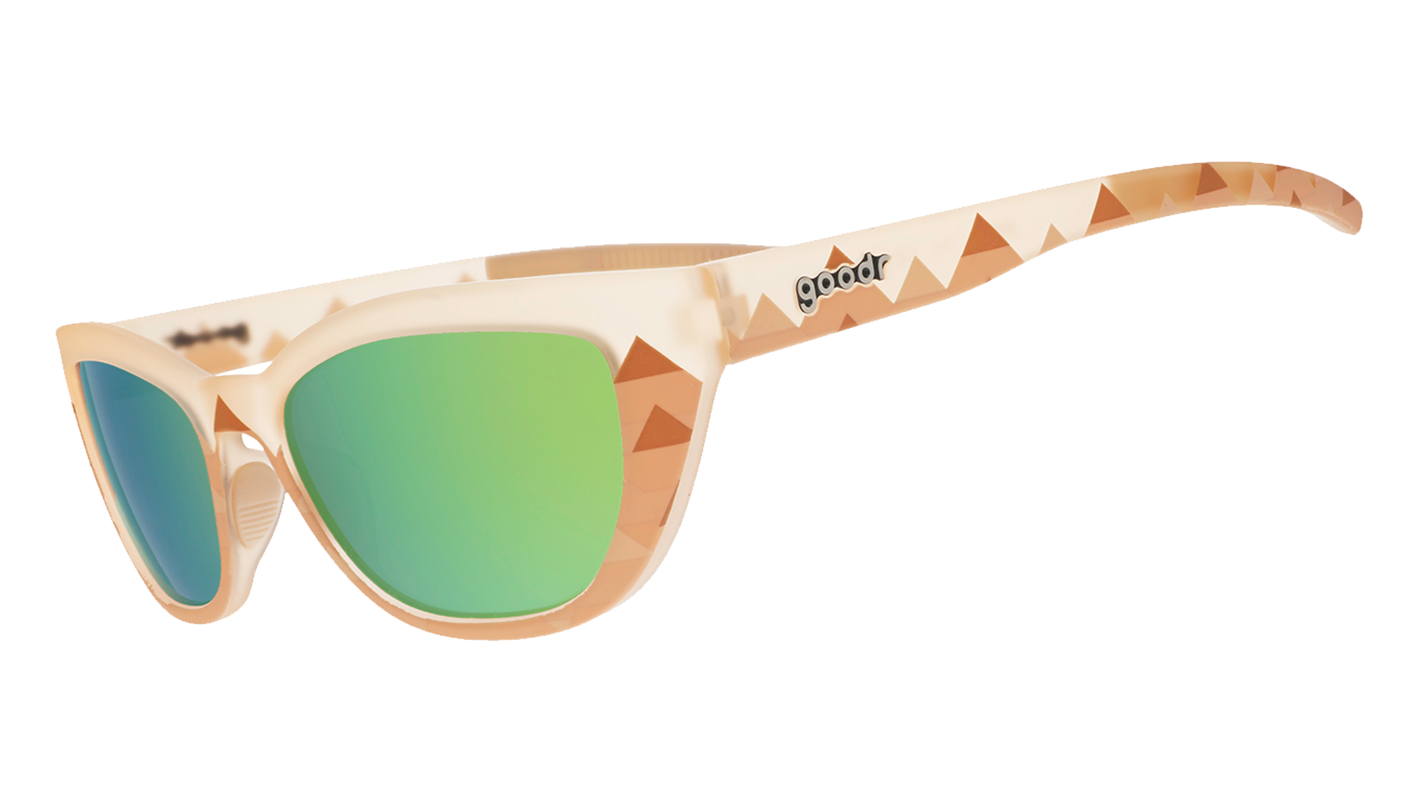 Side view of light brown sunglasses with pyramid-inspired geometric patterns and green lenses.