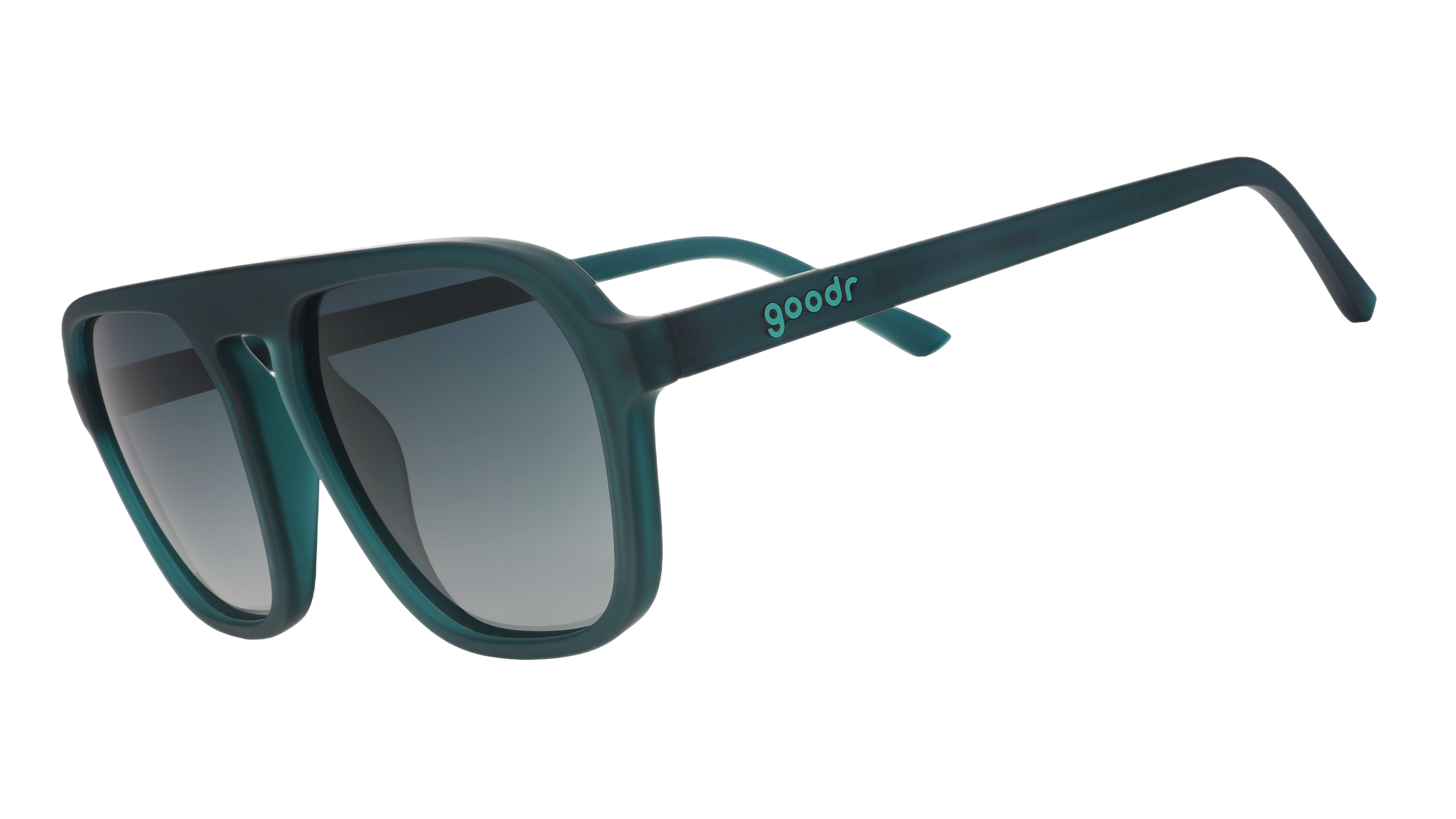 Three-quarter angle view of translucent teal Retro Gs wth green gradient lenses.