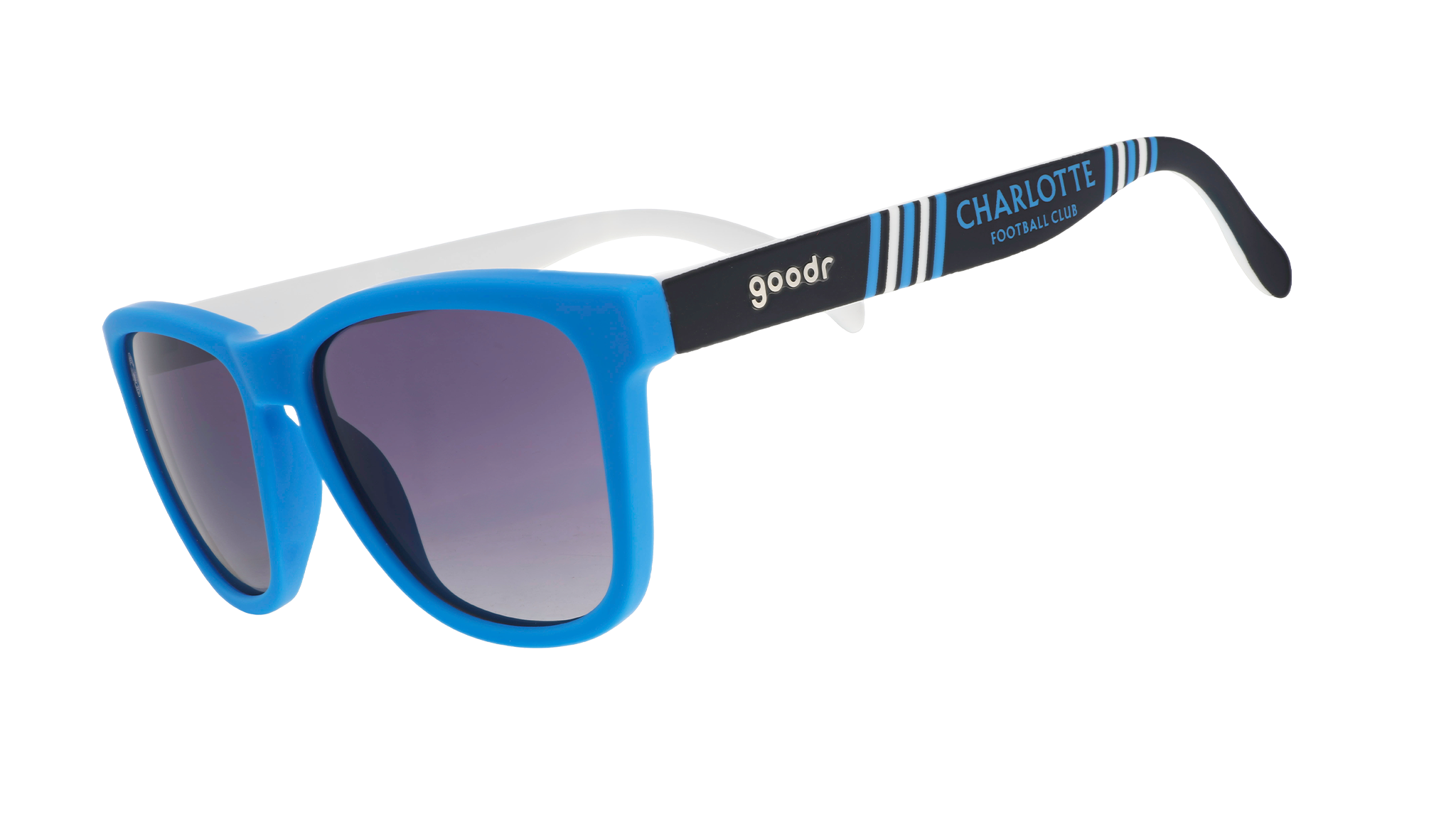 Three-quarter angle view of MLS Charlotte FC shades tilted down. Blue+black frames. Black gradient lenses.