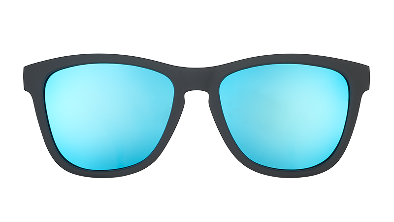 Front view of square-shaped black sunglasses with polarized blue mirrored lenses.