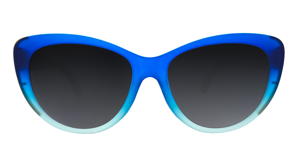 Front view of translucent peacock blue ombré cat-eye Glam G frames with green gradient lenses.