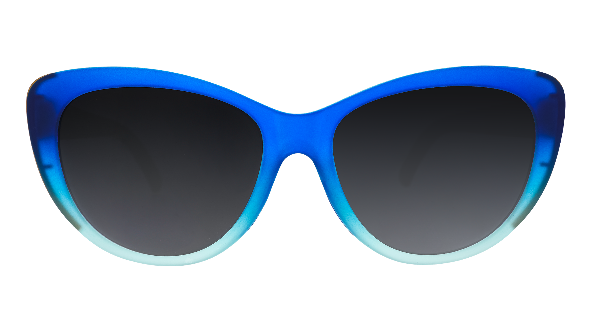 Front view of translucent peacock blue ombré cat-eye Glam G frames with green gradient lenses.