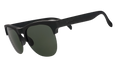Three-quarter angle view of matte black half-rim sunglasses with dark green non-reflective lenses.