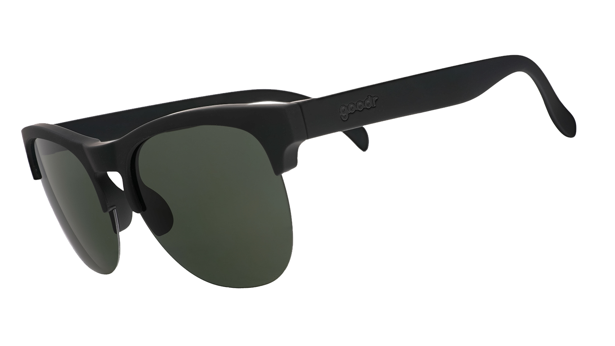 Three-quarter angle view of matte black half-rim sunglasses with dark green non-reflective lenses.