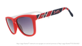 Three-quarter angle view of red, white, and navy Braves sunglasses featuring the script and tomahawk logo on the arm.