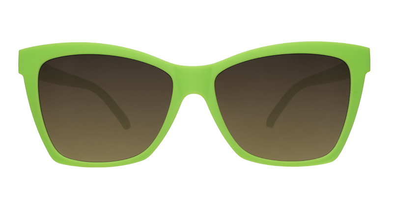 Front view of lime green angled cat-eye sunglasses with black gradient lenses.