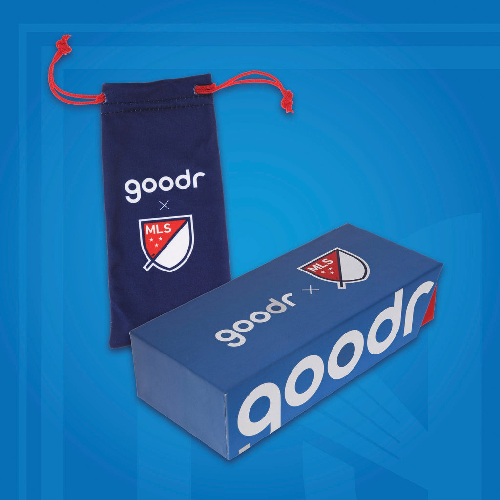 Front view of Major League Soccer packaging for the sunglasses, with a patterned microfiber bag and box.