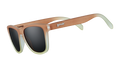 Three-quarter angle view of square-shaped sunglasses with brown-to-white gradient frames and brown, non-reflective lenses.