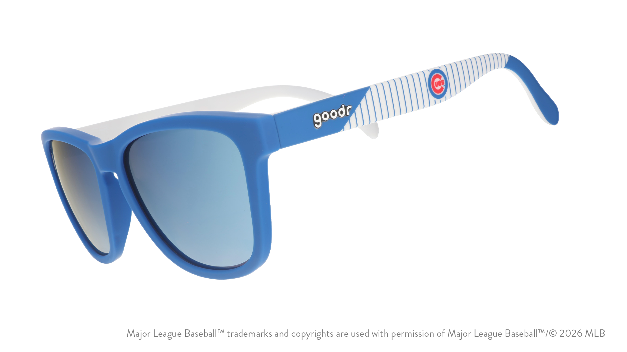 Three-quarter angle view of blue and white Cubs sunglasses featuring the classic Wishbone C logo on the arm.