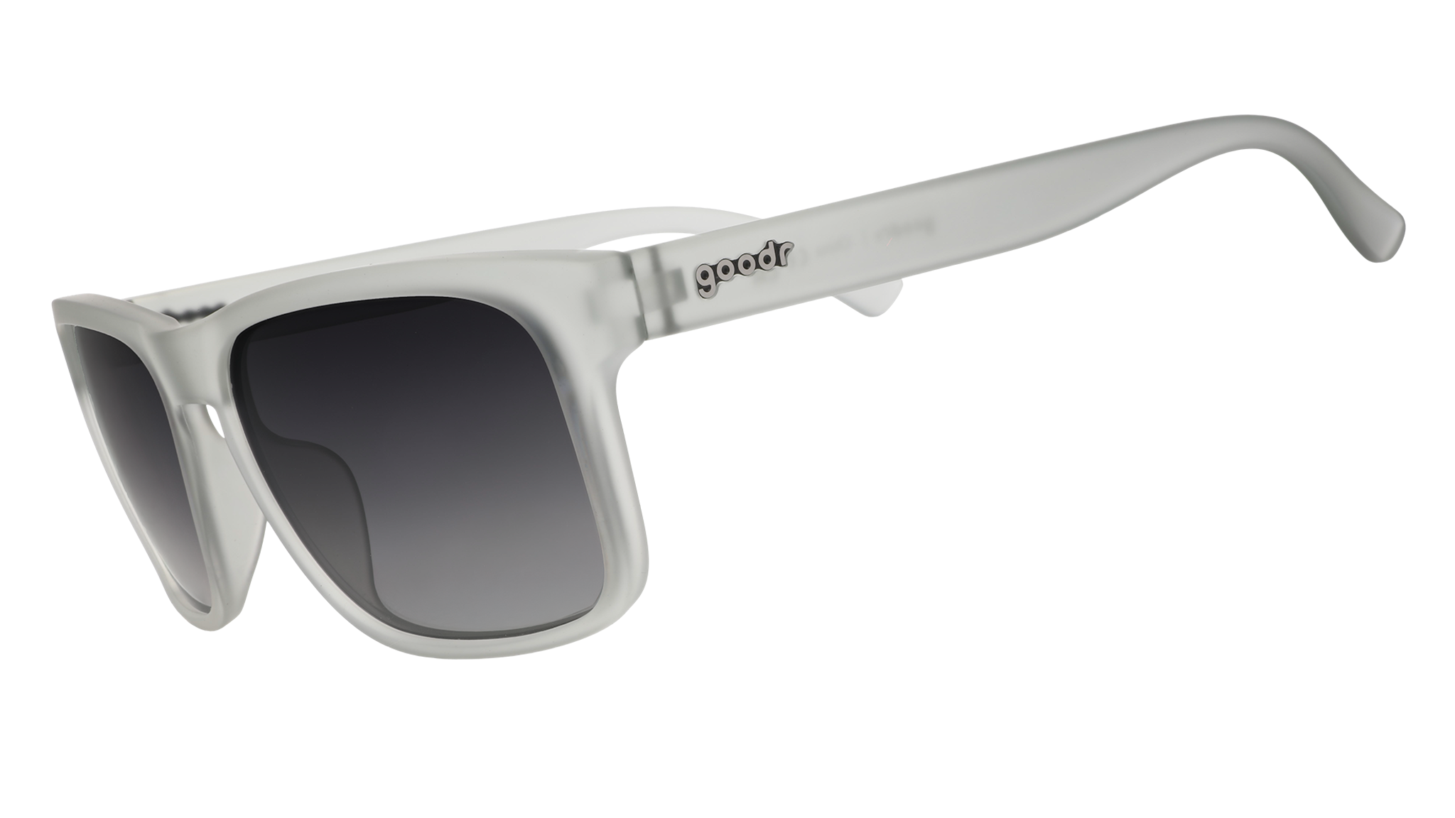 Three-quarter angle view of translucent gray Grand Gs with black gradient lenses.