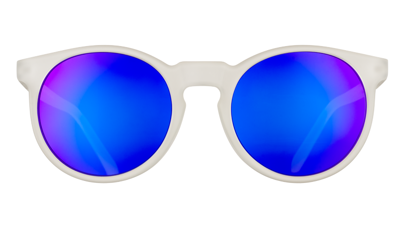 Front view of clear sunglasses with round reflective purple lenses.