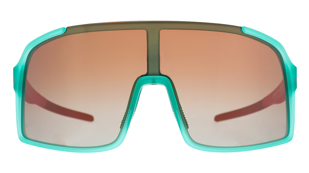 Front view of teal and pink wrap sunglasses with amber gradient lenses.