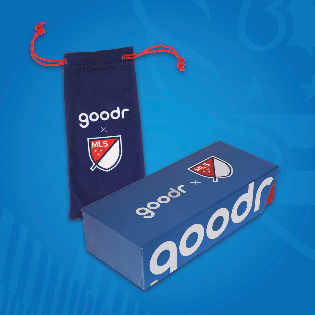 Front view of Major League Soccer packaging for the sunglasses, with a patterned microfiber bag and box.