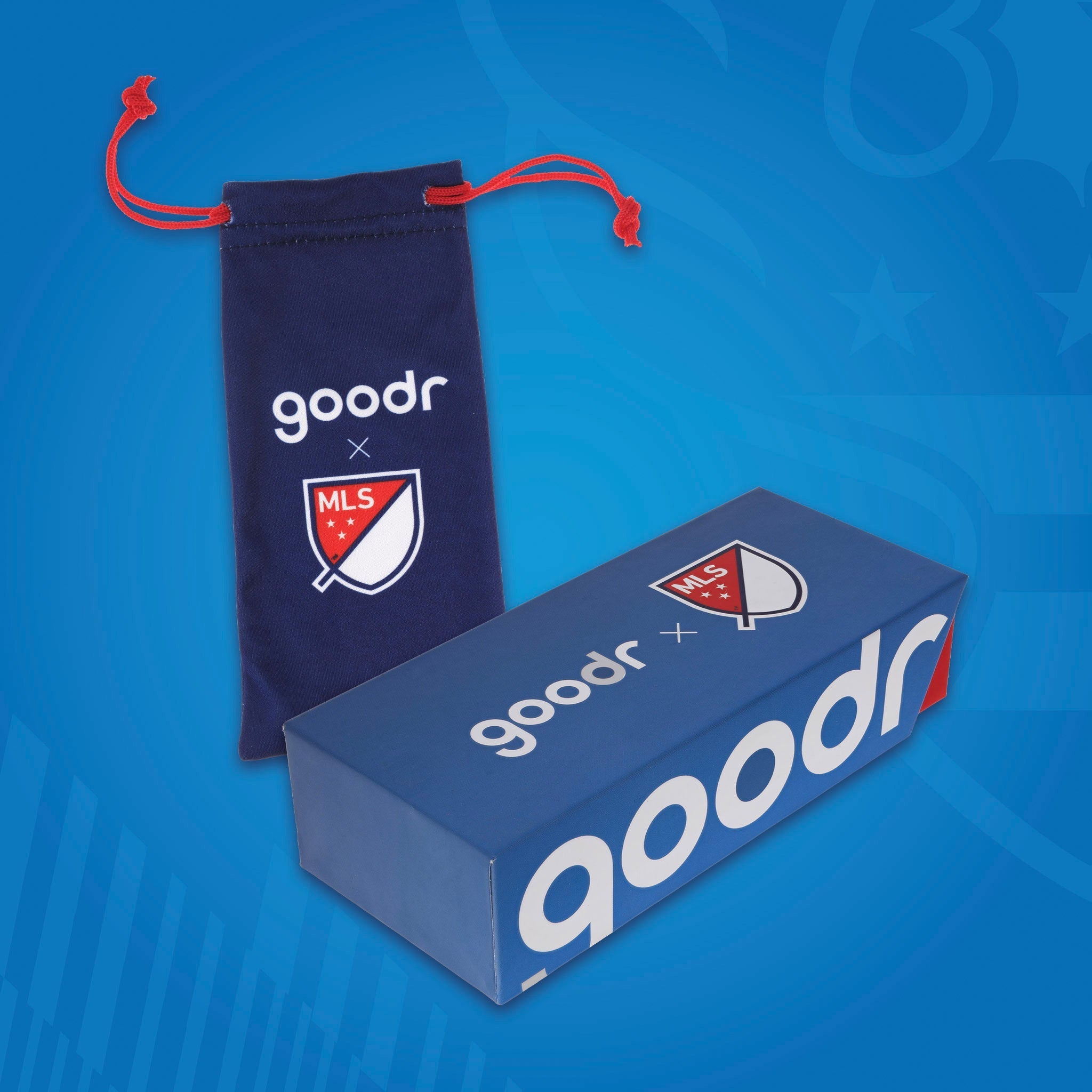 Front view of Major League Soccer packaging for the sunglasses, with a patterned microfiber bag and box.