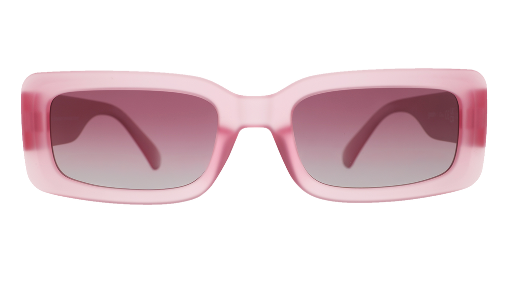 Front view of translucent rectangular pink Luxe G sunglasses with purple gradient lenses.
