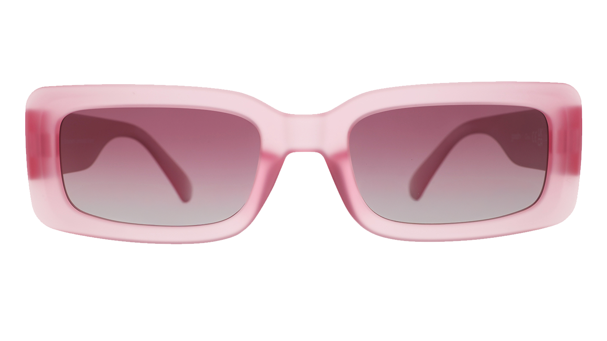 Front view of translucent rectangular pink Luxe G sunglasses with purple gradient lenses.