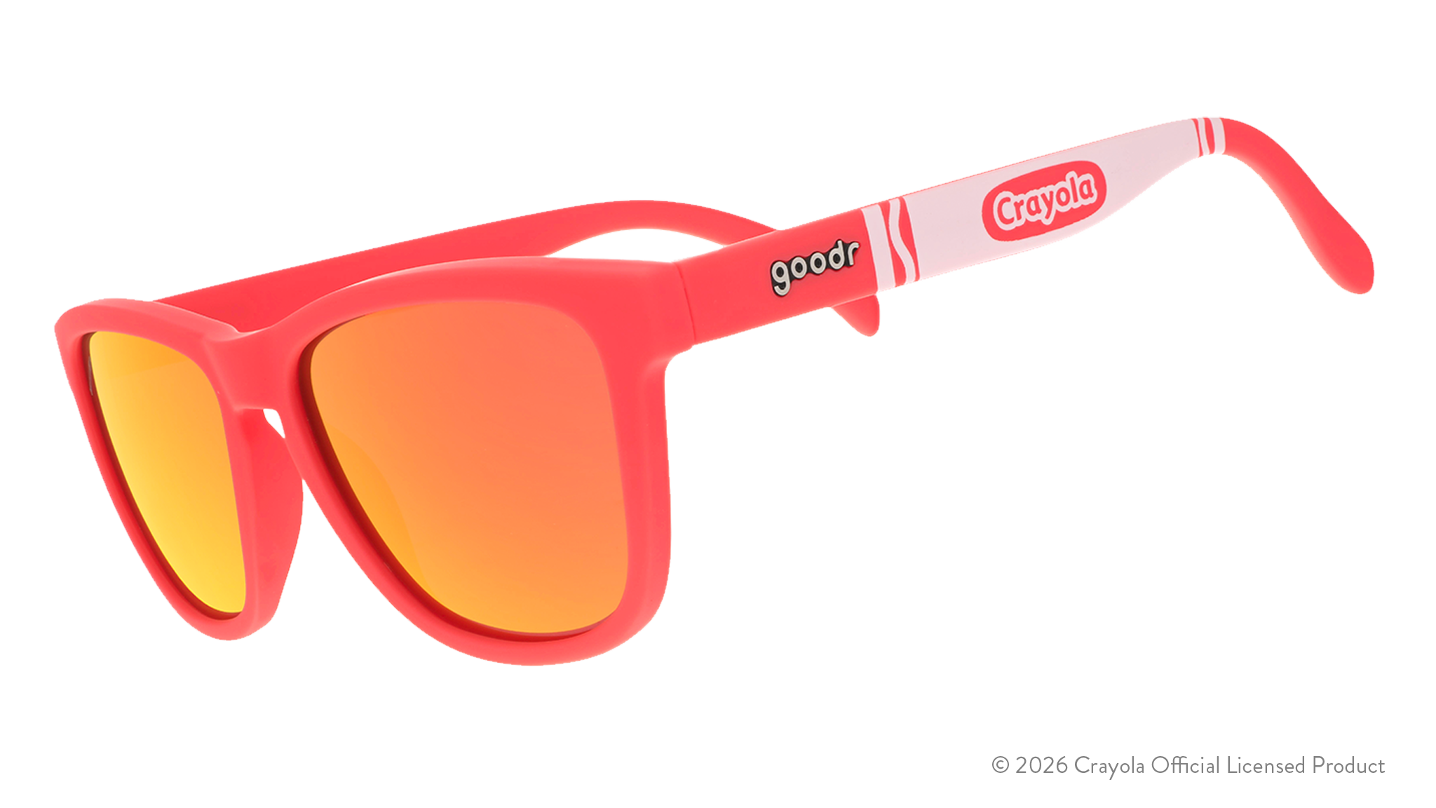 Three-quarter angle view of coral sunglasses w/ white Crayola marker pattern+burnt orange reflective lenses tilted down.