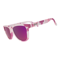 Three-quarter angle view of tonal purple tie-dye sunglasses in a classic frame shape with rose reflective lenses.