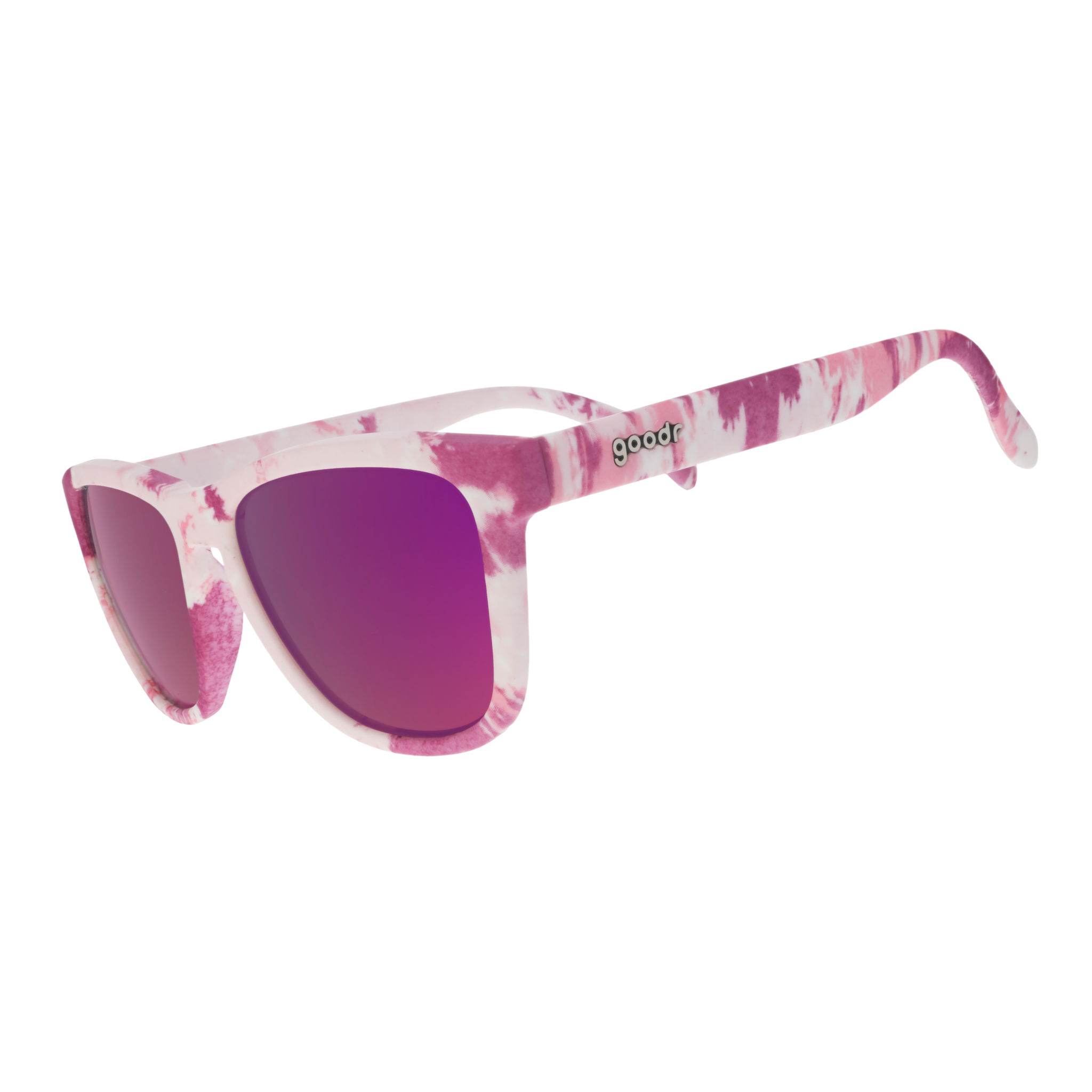 Three-quarter angle view of tonal purple tie-dye sunglasses in a classic frame shape with rose reflective lenses.