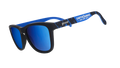 Three-quarter angle view of MLS San Jose Earthquakes shades tilted down. Black+blue frames. Blue reflective lenses.
