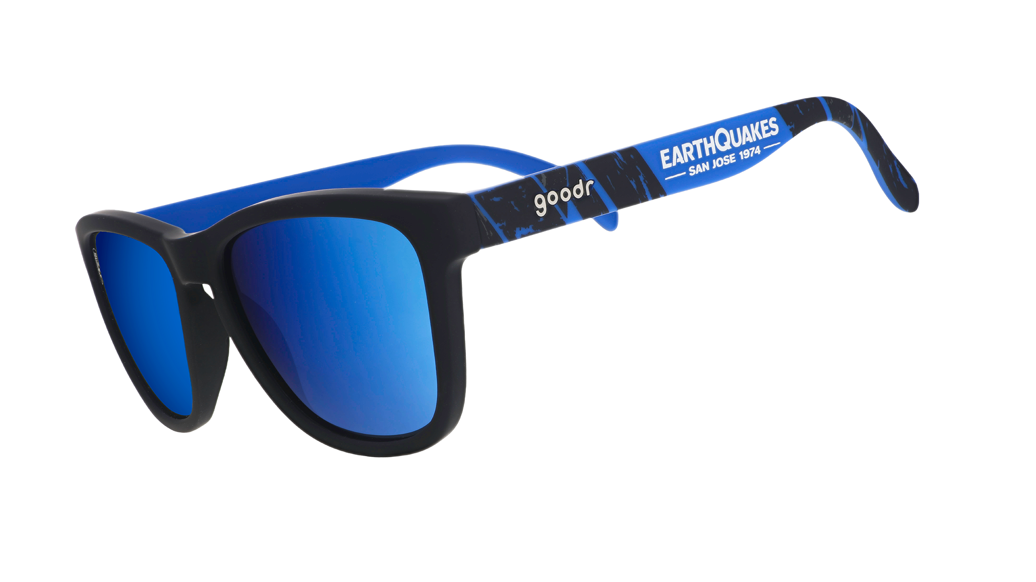Three-quarter angle view of MLS San Jose Earthquakes shades tilted down. Black+blue frames. Blue reflective lenses.