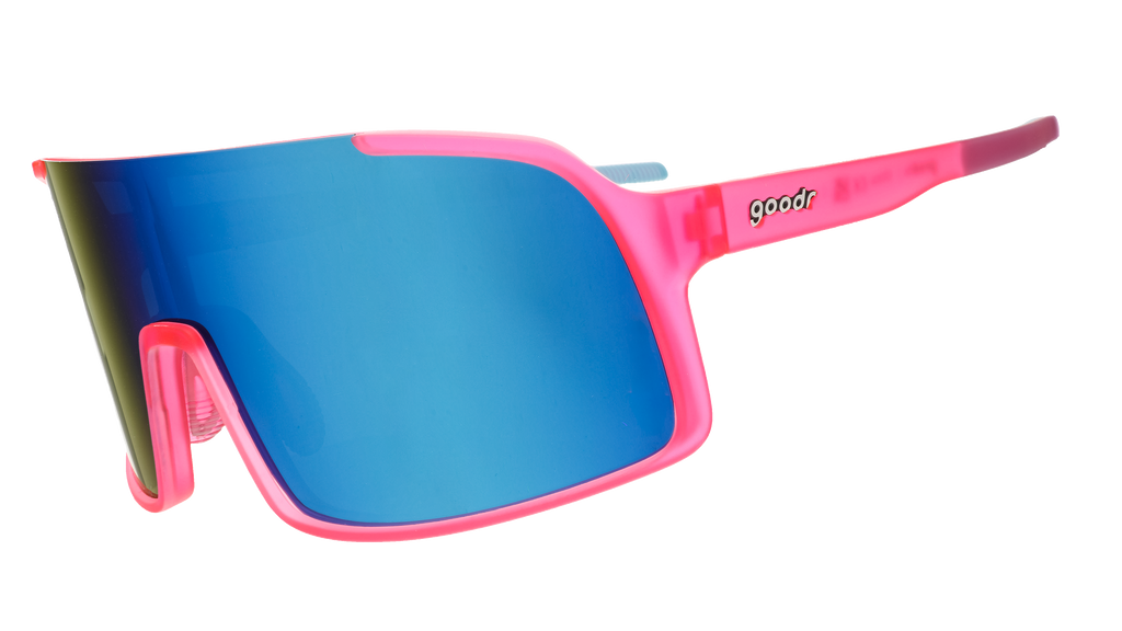 Wraparound goodr sunglasses with blue lenses and pink frames