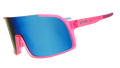 Wraparound goodr sunglasses with blue lenses and pink frames