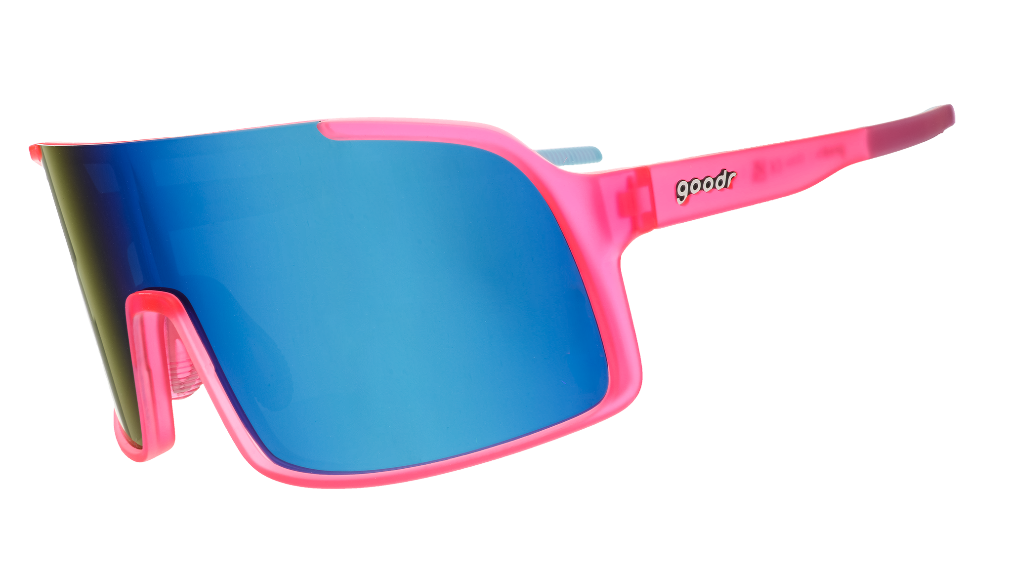 Wraparound goodr sunglasses with blue lenses and pink frames