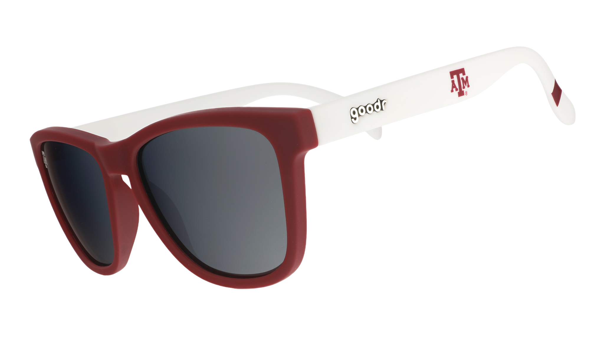 Three-quarter angle view of white and burgundy Texas A&M® Aggies™ sunglasses with chrome lenses.