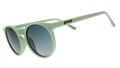 A pair of round sunglasses with mint green frames.